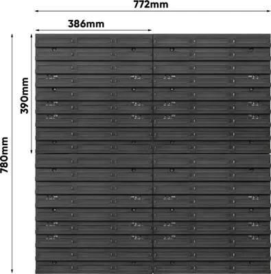 A top-down view of stacked black storage boxes with dimensions indicated.