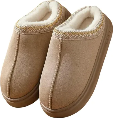 Produktbild von ASKSA Winter Hausschuhe Bequeme Hausschuhe fuer Damen Pluesch Warme Freizeitschuhe Rutschfeste Indoor Uni Schuhe,Khaki,Groesse: 36-37