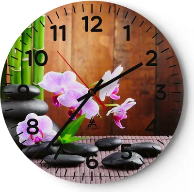 Produktbild von Wanduhr - Rund - Glasuhr - Bambus Dekoration Blume Orchidee - 40x40cm - Schleichendes Uhrwerk - Lautlos - zum Aufhängen bereit - Dekoration Modern - Wanddekoration aus Glas - C4AR40x40-2167