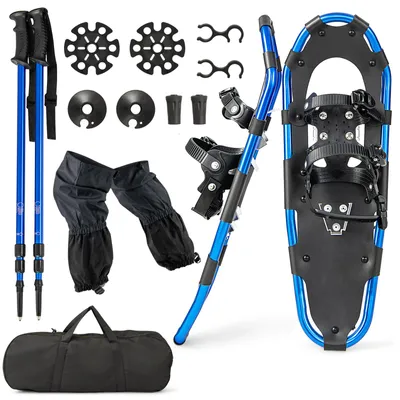 Immagine prodotto di Set di racchette da neve COSTWAY 4 in 1, misura 38-45, racchette da neve con sistema di attacco a doppio cricchetto, bastoncini da trekking e borsa per il trasporto, ghette