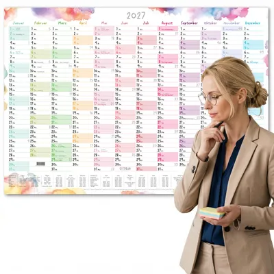 Produktbild von Wandkalender 2027 A1 Aquarell Splash – Großer Jahresplaner mit Ferienkalender DE & AT Premium