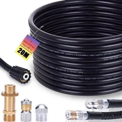 Zdjęcie produktu dla Wąż do czyszczenia rur, 20 m, 200 bar, z adapterem M22, sztywny + obrotowe dysze, pasujący do myjek wysokociśnieniowych K2, K3, K4, K5, K6, K7, uniwersalny zestaw do czyszczenia rur
