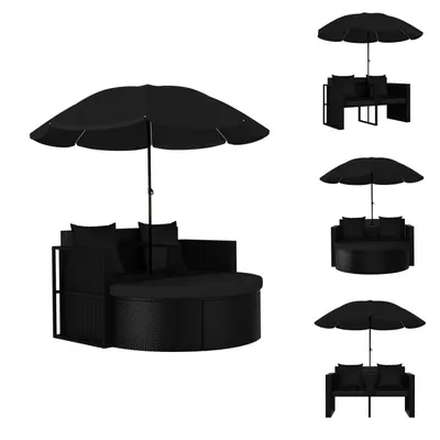Image de vidaXL Lit de jardin avec parasol en polyrotin noir -  Lits de jardin