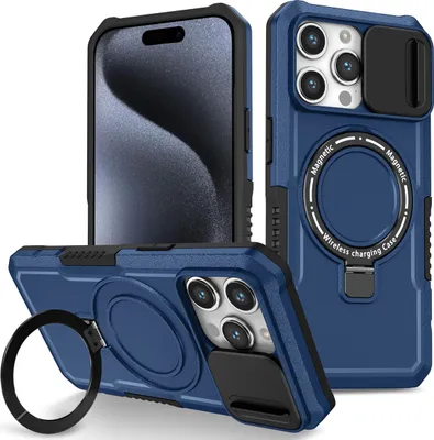Produktbild von Handyhülle für iPhone 15 Pro Max Kompatibel mit MagSafe, Robuste Hülle mit Schiebe Kamera Schutz, Magnetischer Ringständer Blau