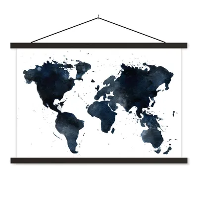 Produktbild von MuchoWow® Textilposter Weltkarte - Abstrakt - Blau 90x60 cm mit schwarzem Rahmen - Aufhängungssatz