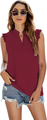 Image de ASKSA Femme T-shirt sans manches Elégant chemisier Col en V Dentelle Chemise décontractée Top d'été Hauts unis, Vin rouge, XXL