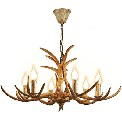 Produktbild von Geweih Deckenlampe - Kronleuchter - 6-flammig E14 - Harz und Eisen - Handbemalt - 220–240V - Ohne Leuchtmittel - Beige