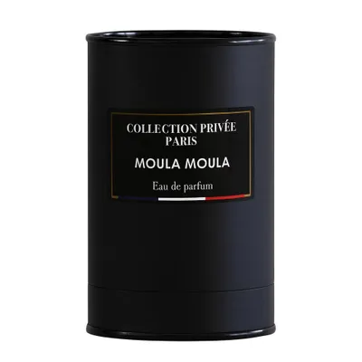 A black cylindrical perfume bottle with a label.