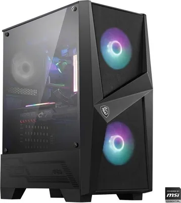 A black computer tower with RGB lighting.