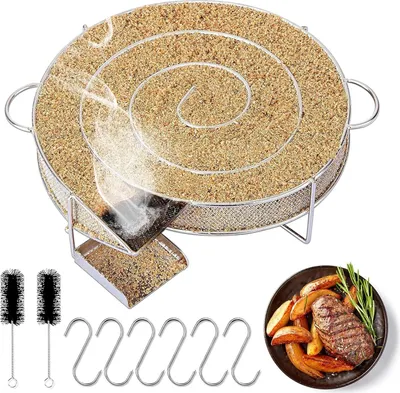 Produktbild von Runderhandgriff aus Edelstahl - Kaltrauchgenerator mit 6 Fleischhaken und Reinigungsbürsten - Lebensmittelraucher für Grills und BBQ-Räucherofen wiederverwendbar