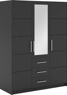 A dark gray wardrobe with a full-length mirror in the center and three drawers below the mirror.
