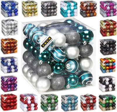Produktbild von 64x Kunststoff Christbaumkugeln Ø 6cm Kugel Box Glanz Glitzer Matt + Aufhänger Petrol-Silber