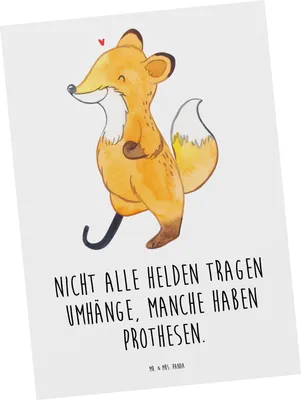 Produktbild von Mr. & Mrs. Panda Postkarte Fuchs Beinprothese - Weiß - Geschenk, Amputation, Ansichtskarten, Grußkarte, Ansichtskarte, Postkarten, Beimamputation, kunstkarte