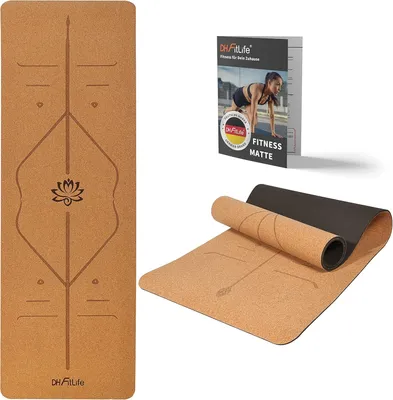 Produktbild von DH FitLife Yogamatte aus Kork & TPE (großer Lotos), Gymnastikmatte 183 x 61 x 0,6 cm, Yoga mat Sportmatte Fitnessmatte rutschfest, Yoga Matte dicker mit Orientierungslinien