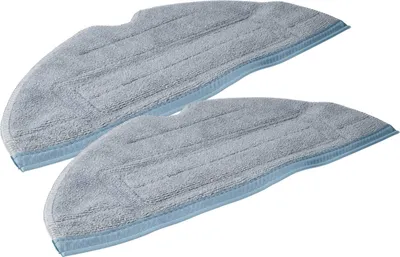 Two gray mop pads with blue trim are shown against a white background.