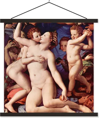 Produktbild von MuchoWow® Textilposter Venus, Amor, Torheit und Zeit - Leonardo da Vinci 120x120 cm mit schwarzem Rahmen - Aufhängungsset