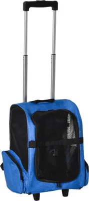 Produktbild von PawHut Haustiertransporter, 2-in-1-Reiserucksack mit 2 Rädern für Hunde und Katzen, mit einziehbarem Aluminiumgriff und Aufbewahrungstaschen, 42 x 25 x 55 cm, Blau
