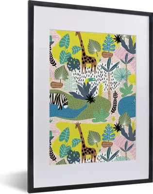 Produktbild von MuchoWow® MuchoWow® Gerahmtes Poster Dschungel - Muster - Tiere - Pflanzen 30x40 cm - Poster mit zchwarzem Bilderrahmen - Wandposter Schlafzimmer