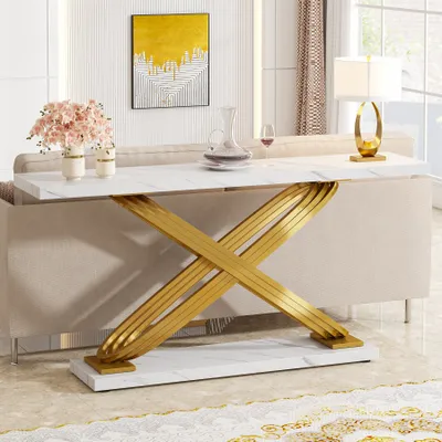 Produktbild von LITTLE TREE Moderner Konsolentisch, 140 cm, Kunstmarmor  Eingangstisch, schmaler Sofatisch für Wohnzimmer, Schlafzimmer, Eingangshalle, Flur, Gold