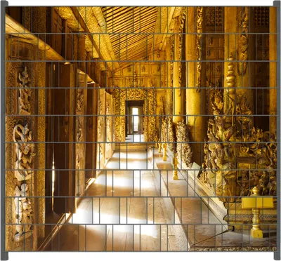 Produktbild von Wallario Zaunsichtschutz mit Motiv Buddhistischer Tempel aus Holz - Mandaley für Ein- und Doppelstabmatten Zäune in der Größe 200 x 180 cm