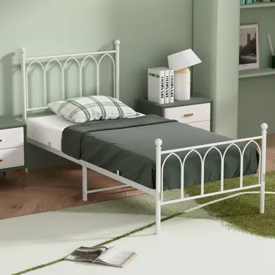 Produktbild von MODFU Metallbett Bettrahmen 90 x 200 mit Kopfteil,Einzelbett Bettgestell mit Metallrahmen,Jugendbetten,ohne Matratze,Weiß