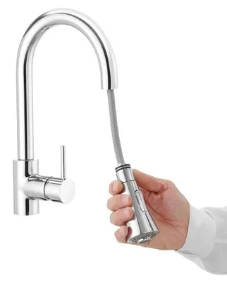 Obrázek produktu pro Jednootvorová kuchyňská umyvadlová baterie z nerezové oceli se sprchou, výška 370 mm - Hendi 810163