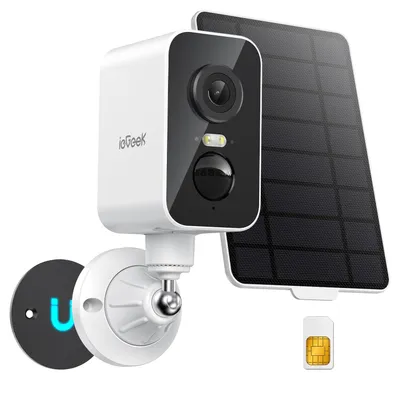 A white and black ieGeek 4G LTE outdoor security camera with a solar panel and a SIM card.