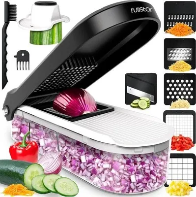 Immagine prodotto di Tagliaverdure, affettatrice per verdure - Tagliaverdure manuale per insalate di cipolla - Grattugia per patate - Affettatrice e tritatutto per verdure - Utensili e accessori da cucina (6 in 1, compatto, bianco)
