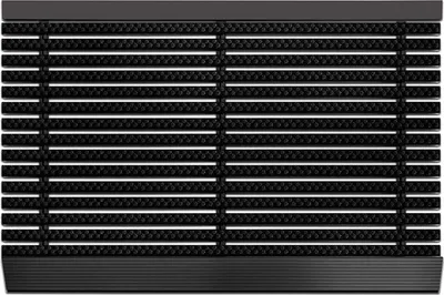 A black doormat with horizontal white stripes and a textured surface.
