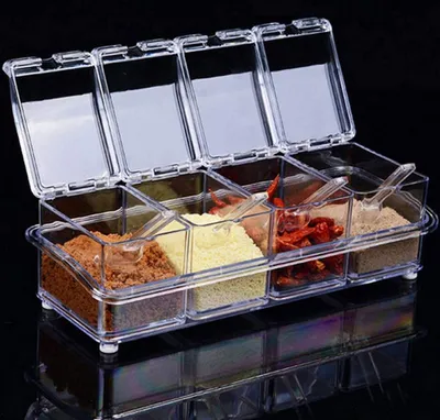 Produktbild von 4 Stück Küche Gewürzbox Set mit Löffeln und Abdeckungen, Gewürzbehälter, Küchenutensilien Transparent