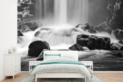 Produktbild von MuchoWow® Fototapete für Wohnzimmer oder Schlafzimmer Wandtapete Vinyl Motivtapete Wasserfall - Schwarz - Weiß - Steine - 330x220 cm - Fototapeten