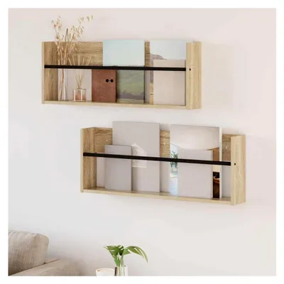 Produktbild von Magazinregal im 2er-Set aus Sonoma-Eiche Holzwerkstoff, wandmontiert, 80 x 12 x 30 cm, mit 2 Ablageflächen für Zeitschriften, Zeitungen, Magazine, Prospekte, Bücher, Büro und Wohnzimmer
