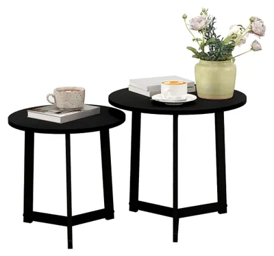 Produktbild von Rundes Couchtisch-Set 2er, Beistelltisch aus MDF und Stahl, modernes Design, stapelbar, Kaffeetisch für Wohnzimmer und Schlafzimmer, Schwarz