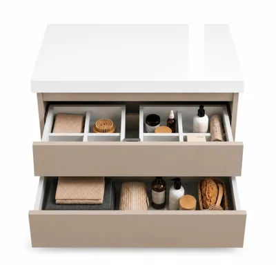 Produktbild von Waschtischunterschrank 60 cm mit Aufsatzplatte 2 Schubladen Kaschmir matt / Wandhängend, Soft-Close, Vollauszug, Organizer, grifflos, 36-mm-Platte