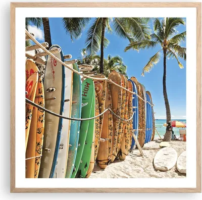 Produktbild von Gerahmtes Poster - Rahmen in heller Eiche - Board Surfen Strand - 60x60 cm - Wand Bild - Wanddeko - Wandbilder - Wandposter - Bilderrahmen - Bilder - Kunstdruck - Wandbild - P2NAC60x60-4165