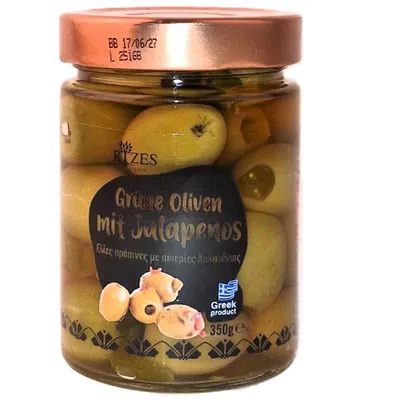 Produktbild von Rizes Greece Grüne Oliven mit Jalapenos (350 g)