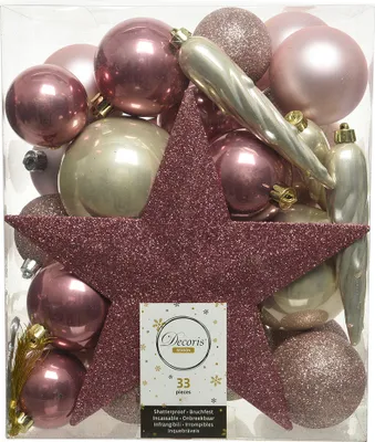 Produktbild von Weihnachtskugeln mit Christbaumstern Kunststoff 33er Set - Rosa Perle