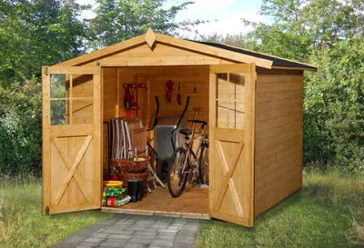 Produktbild von WEKA 316.2525.21400 Gartenhaus/Blockbohlenhaus Classic mit Doppeltür ; Größe: 4 ; Farbgebung: Lasiert ; Wandstärke: 19 mm ; Maße (LxBxH): 254 cm x 250 cm x 221 cm ; Seitenwandhöhe: 185 cm