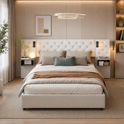 Produktbild von INONEFT Hydraulisches Polsterbett 140x200 cm mit USB, Einzelbett Jugendbett mit Nachttischlampe, Boxspringbett mit 2 Nachttischschublade, Samt, Beige, KI-generiertes Bild
