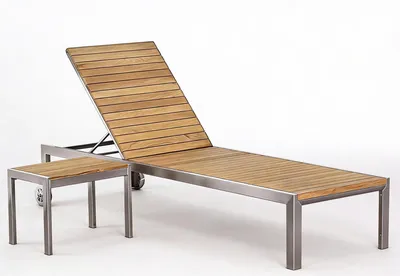 Produktbild von ALEOS. Designer Sonnenliege mit Tisch aus Edelstahl A-Grade Teak Holz Gartenliege Liege Strandliege, 5-fach verstellbar, wetterfest, langlebig, mit Rollen, für Pool Terrasse, Outdoor