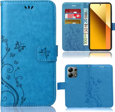 A collage of images showing a blue flip phone case with a floral and butterfly design.