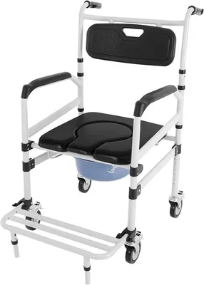 Produktbild von Toilettenrollstuhl Dusch Toilettenstuhl, Fahrbar Höhenverstellbar Duschstuhl mit Rollen Kommode Sicherheitsgurt Bürste, Patientenlifter Nachtstuhl für Senioren Erwachsene, bis zu 100kg
