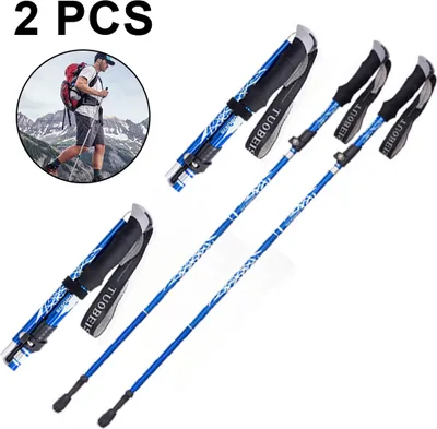 A collage featuring hiking poles and a person hiking in mountains.