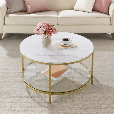 Produktbild von VASAGLE Couchtisch, Wohnzimmertisch,80 x 46 cm (Ø x H), Marmorweiß-Metallisches Gold