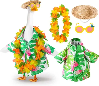 Produktbild von Hawaii Gänsekostüm für Veranda-Gans – Lustiges Outfit mit Hut, Sonnenbrille, Blumenkette & Hawaiihemd für 43 cm & 58 cm Garten Gänse Figuren