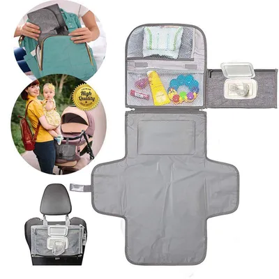 Produktbild von Tragbare faltbare Wickelunterlage für Babys (grau) – Wasserdichte Reise-Wickelauflage mit 4 Fächern – kinderwagen- und reisefreundlich