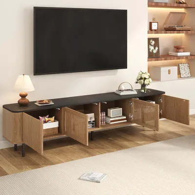 Immagine prodotto di okwish Moderno mobile TV con quattro scomparti, mobile TV basso per soggiorno con ante a griglia, design arrotondato, rovere