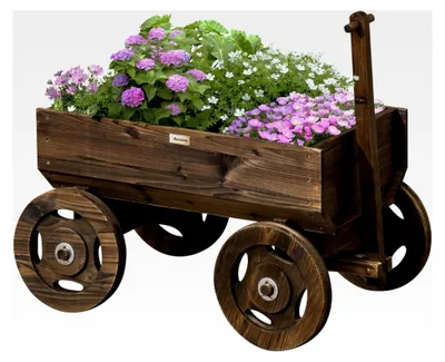 Produktbild von Hochbeet im Design eines Holzwagens, Blumenkasten aus Holz, Pflanzenwagen, Pflanzenständer für Garten und Terrasse, bis 50 kg belastbar, 120 x 53 x 55 cm