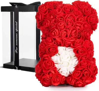 Zdjęcie produktu dla BRUBAKER Różany Miś Kwiatowy 25 cm - Kwiatowy prezent na Rocznicę Urodziny Ślub - W zestawie pudełko upominkowe - Czerwony z Białym Sercem