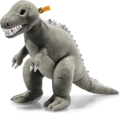 A plush toy dinosaur against a white background.